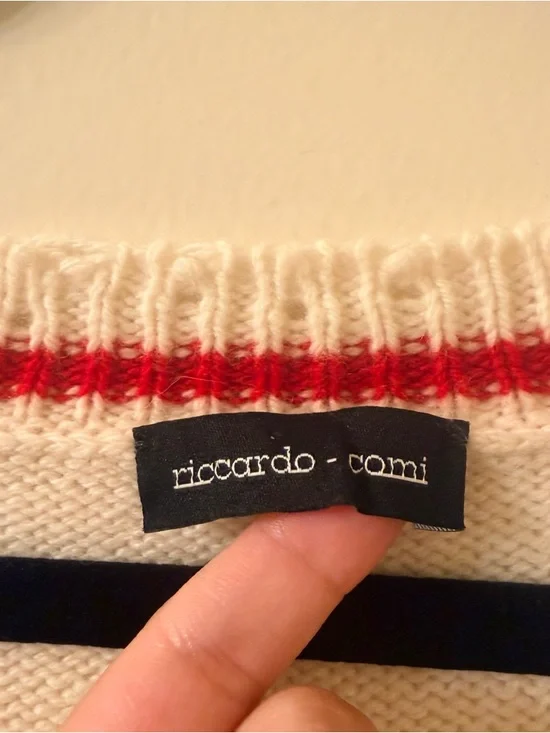 Riccardo Comi Stranger Hair Cream V-Neck Sweater with Red Trim - Picture 3 of 5